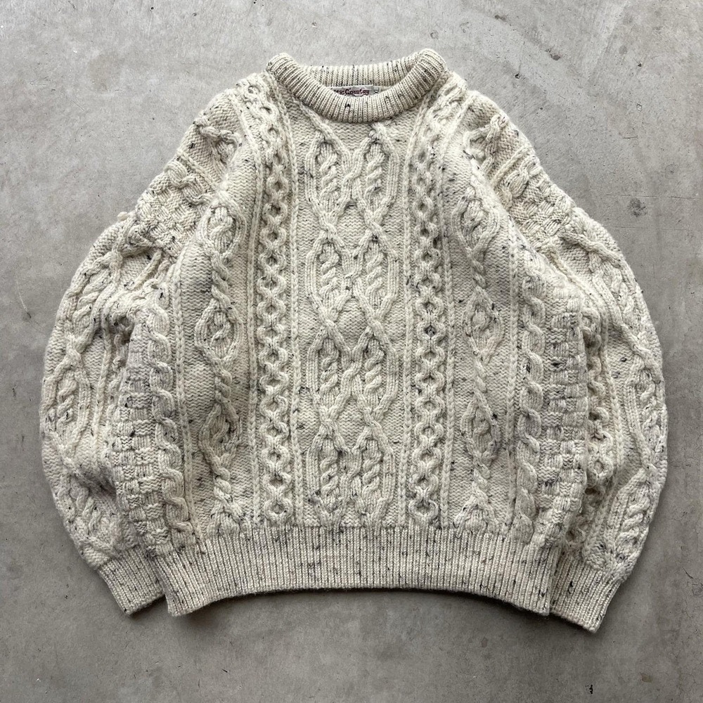 Vintage 80s Celtic Country 100% Wool Irish Cable Knit Speckled Sweater Size XL